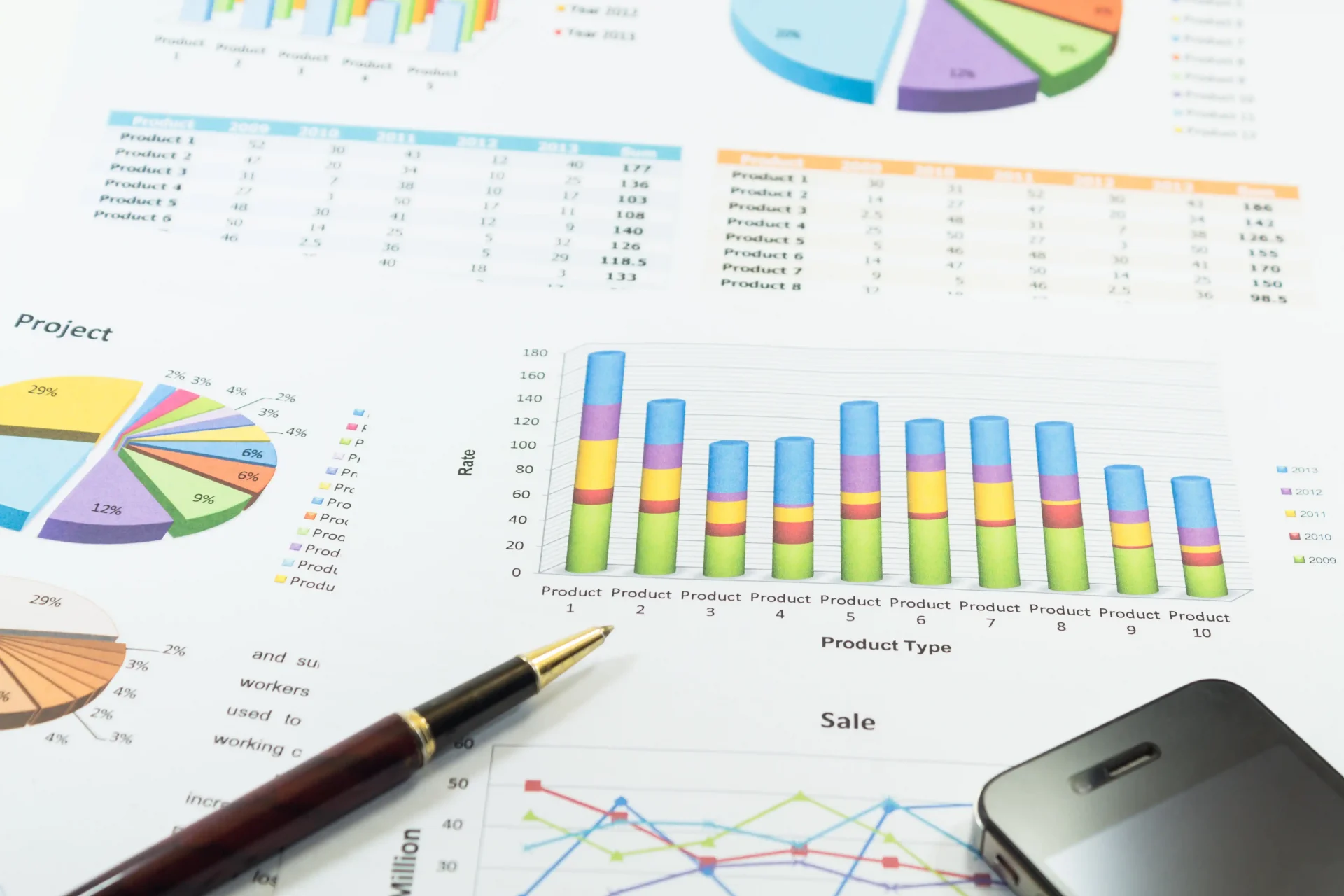 Data analysis of statistics. Web traffic is an important part of SEO work. Colorful diagrams on paper on a flat surface.